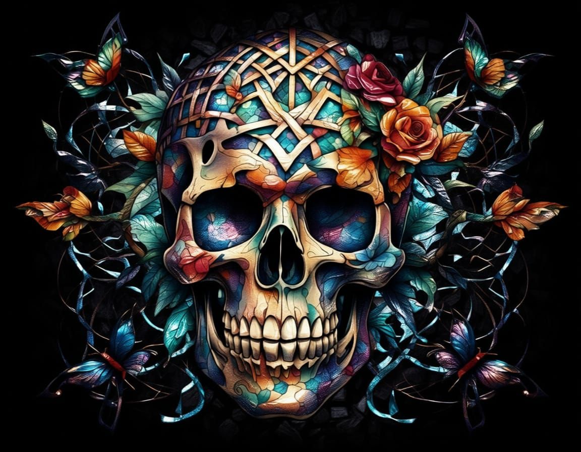 Multicolored Tattoo Skull with Intricate Ossified Lattice