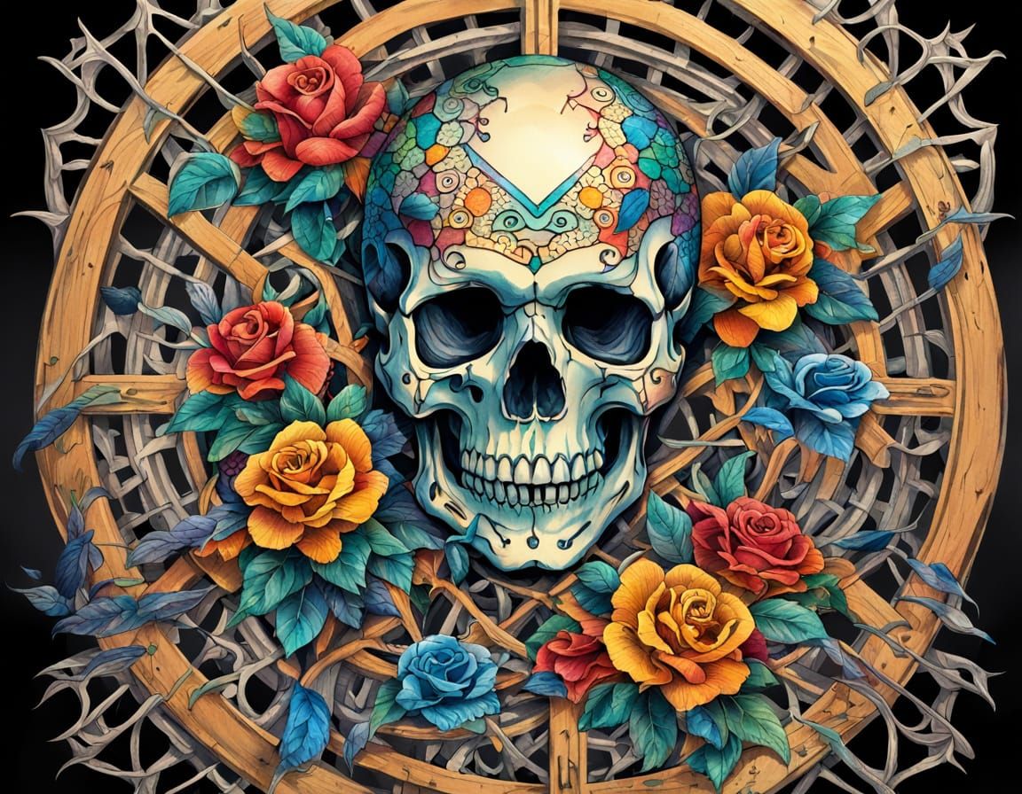 Multicolored Tattoo Skull with Intricate Ossified Lattice