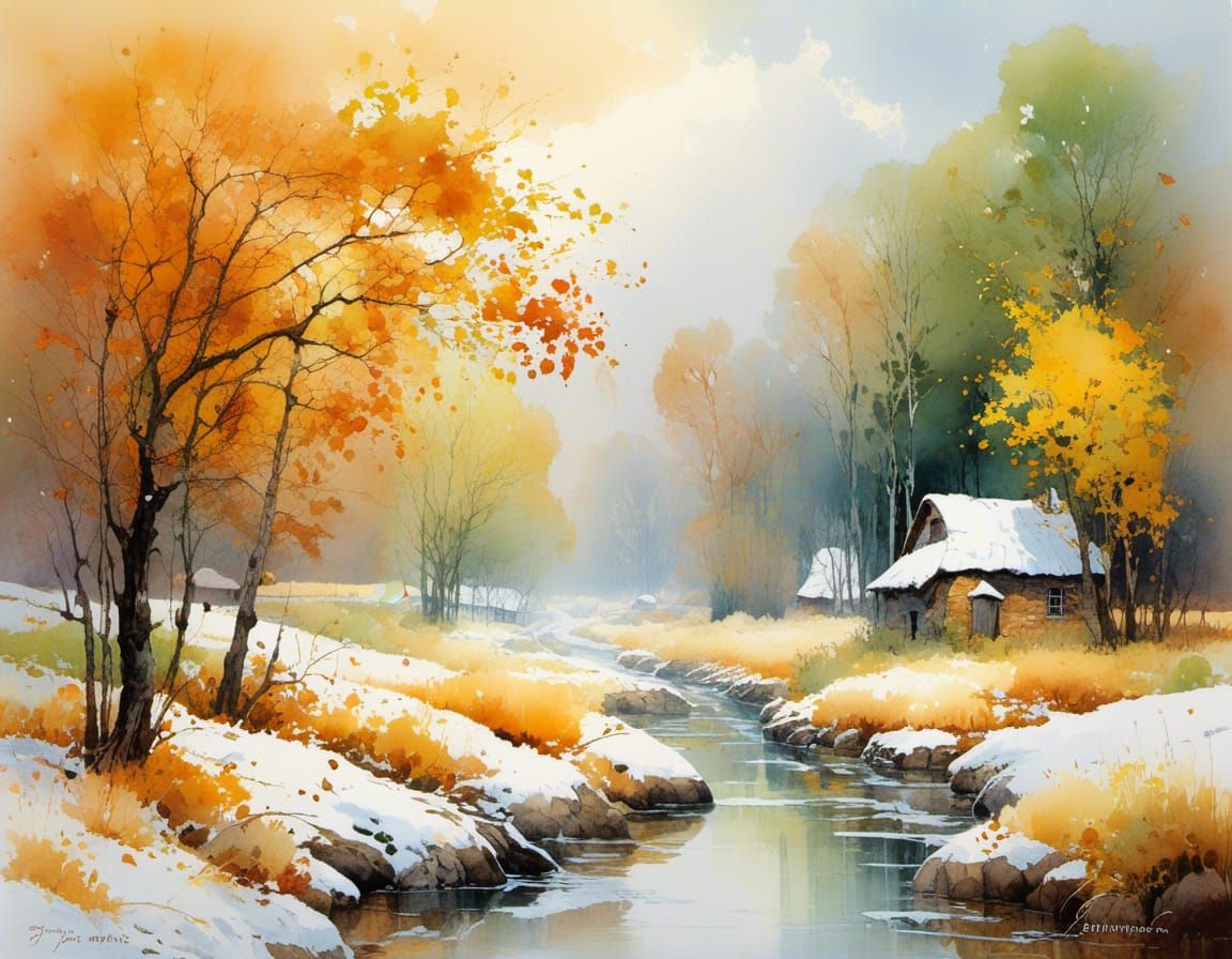 Whimsical Autumn Landscape in Watercolor Style