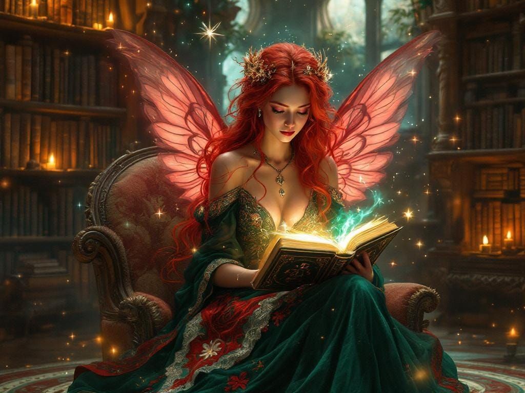 Fae Woman Reading Tome in Ethereal Library