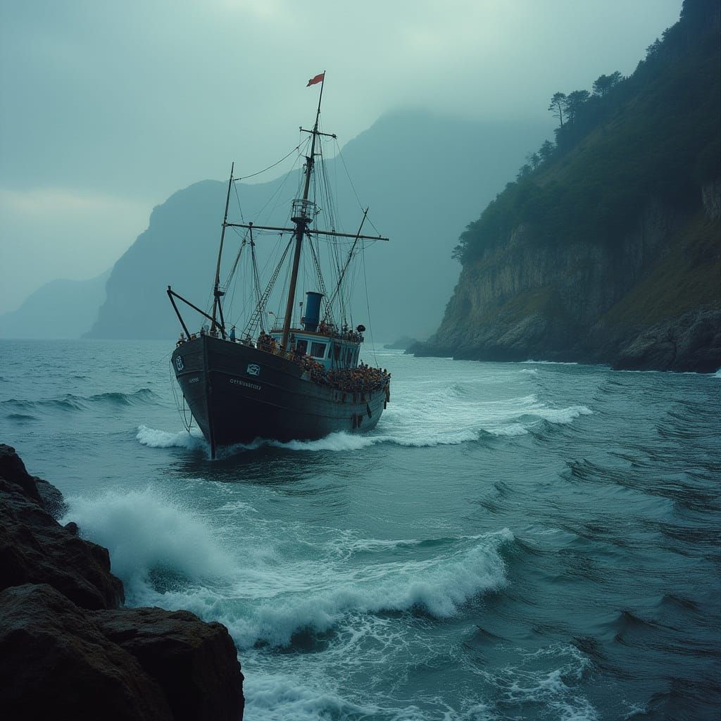 Fishing Boat Entering Estuary in Hyperrealistic Style