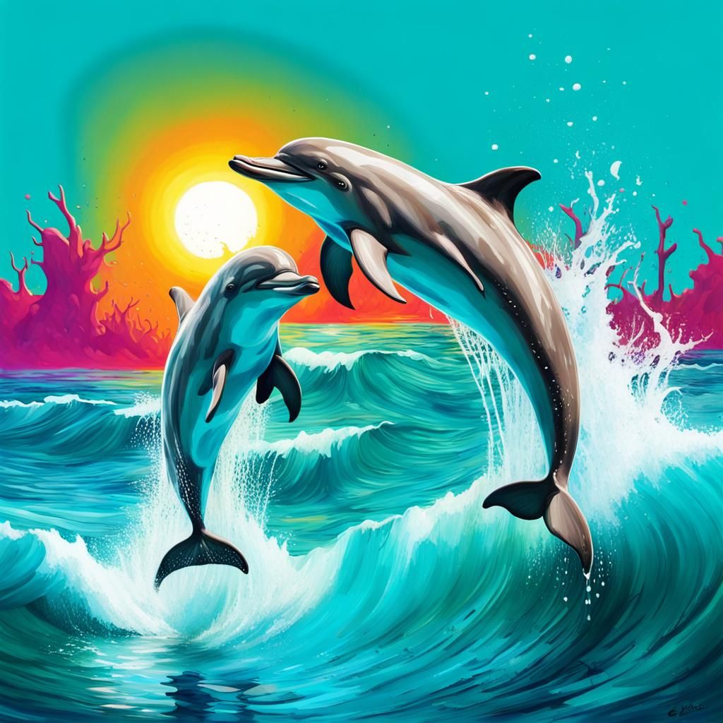Dolphins Leaping: Graffiti Art in Teal Ocean