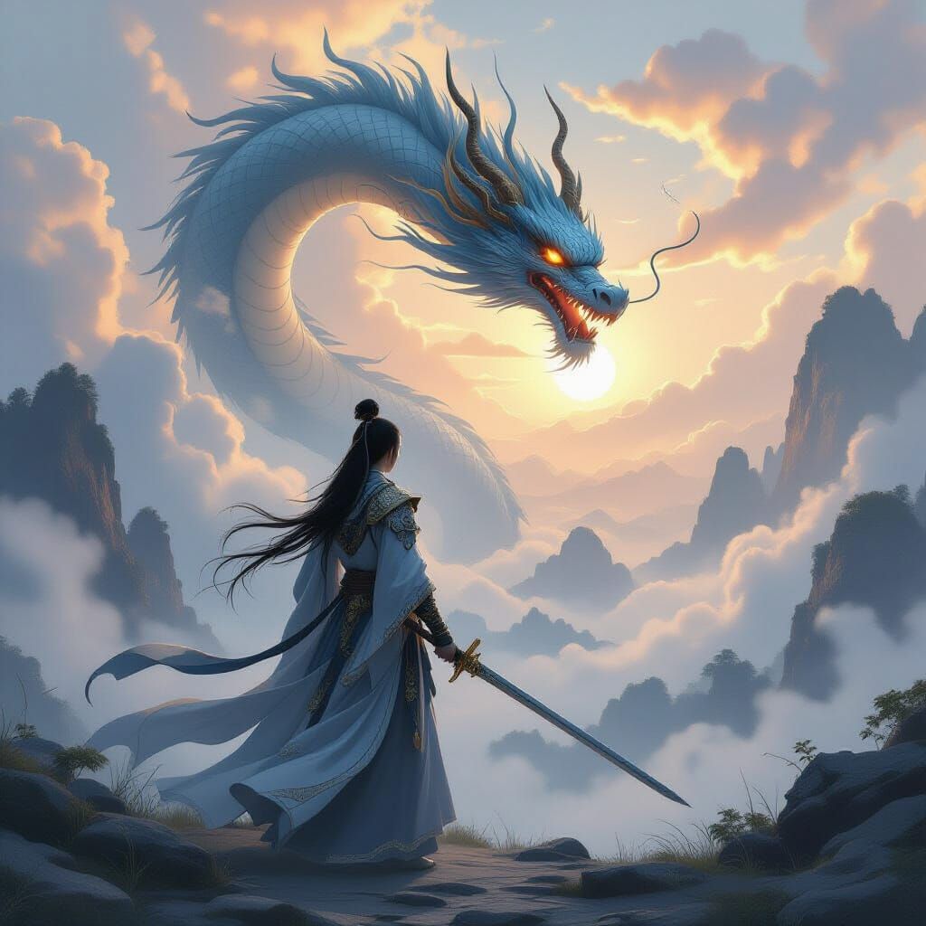 Wise Swordmaster with Dragon in Chinese Anime Style