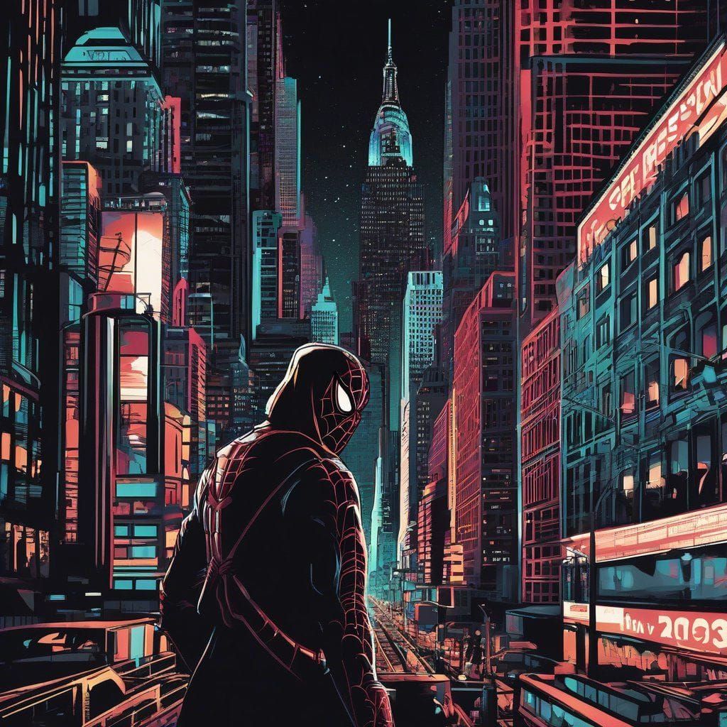 Spiderman in New York city with nigh lights, macrolens_bokeh; depth_of_field; line_art; maximalism; intricately_detailed...