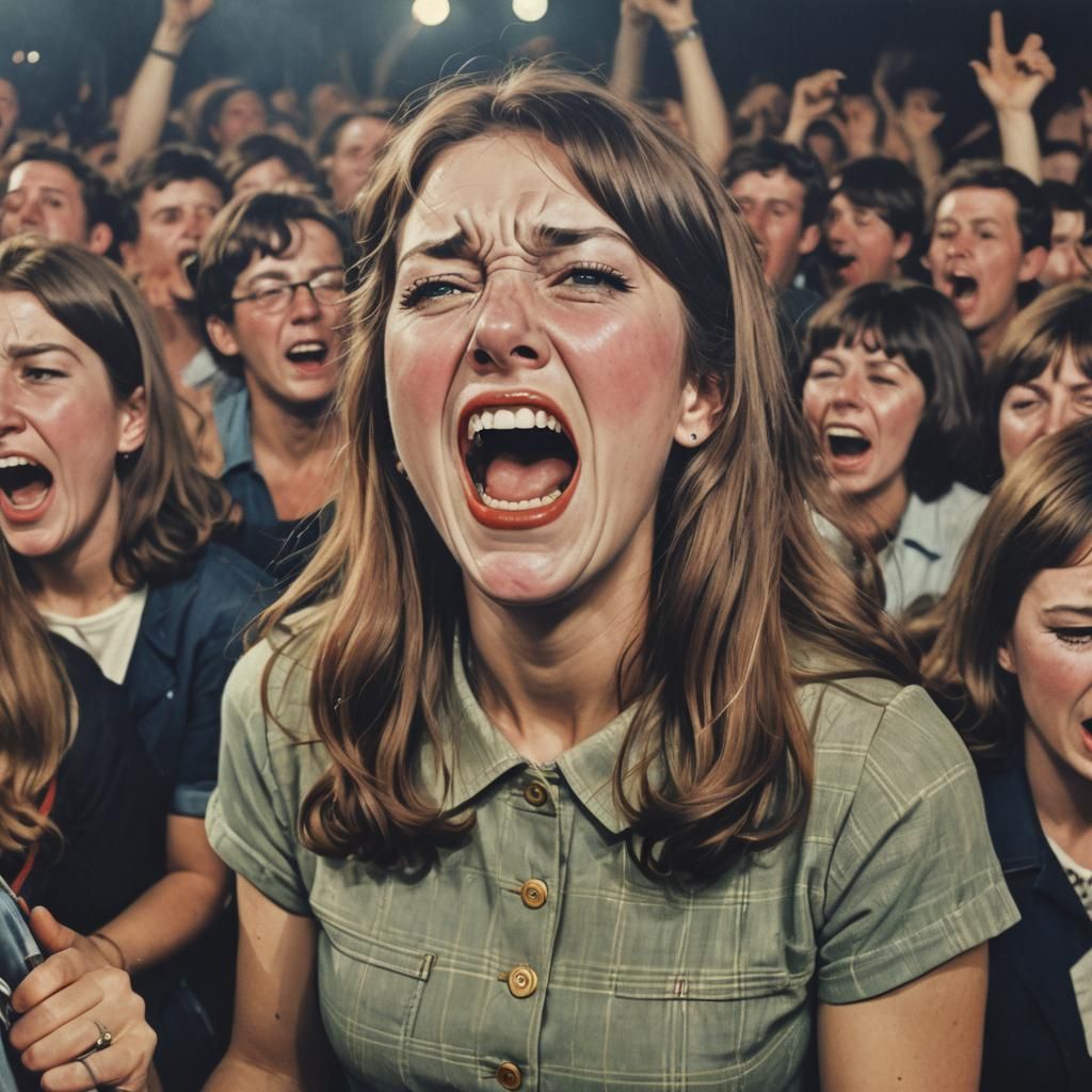 Emotional Fan at 1960s Concert, Color Photorealism