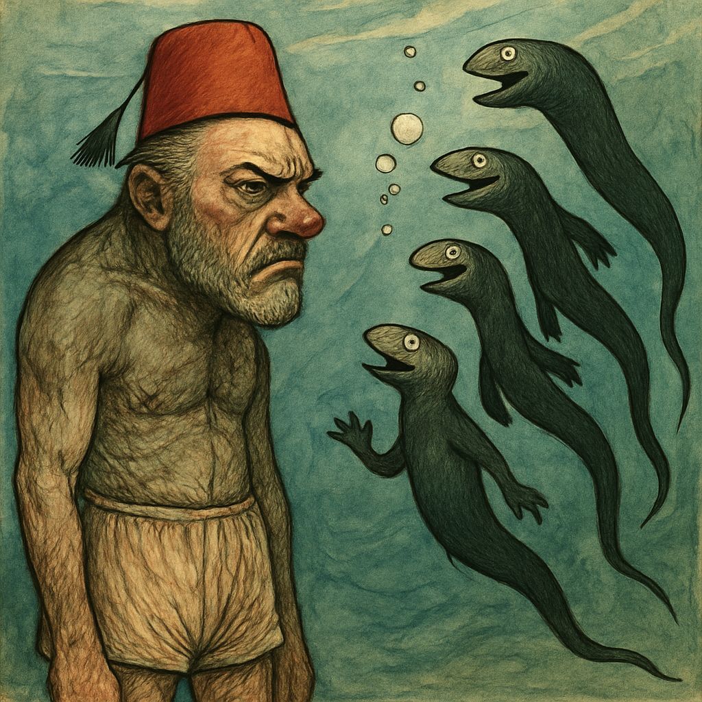 Underwater Wolf and Man: Egon Schiele-Style Sketch