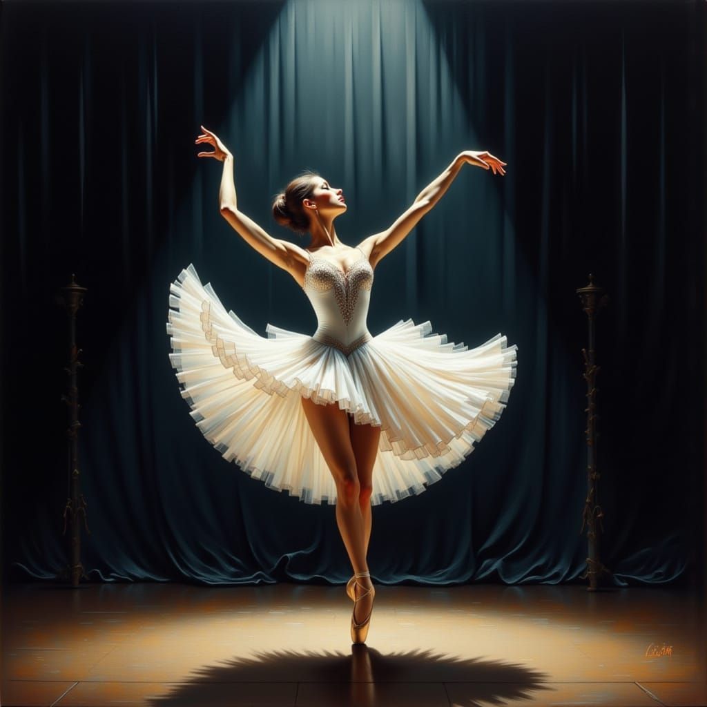 Ballerina Pirouette Under Spotlight in Romantic Realism Styl...