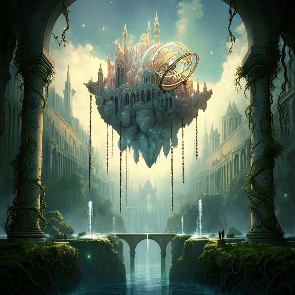 Levitating Orrery Castle in Futuristic Metropolis