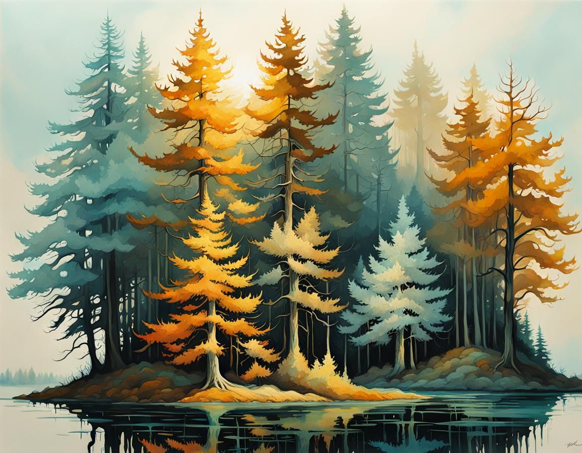 Surreal Watery Forest View in Vintage Style