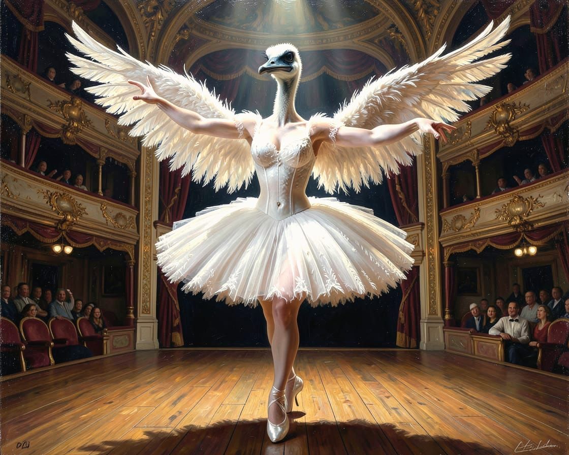 Ostrich Ballerina on Stage in Oil Painting Style