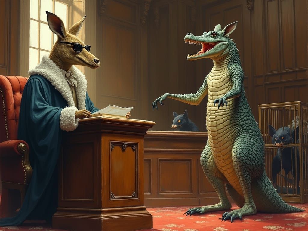 A Stately Kangaroo Judge Presides Over a Crocodile Witness i...