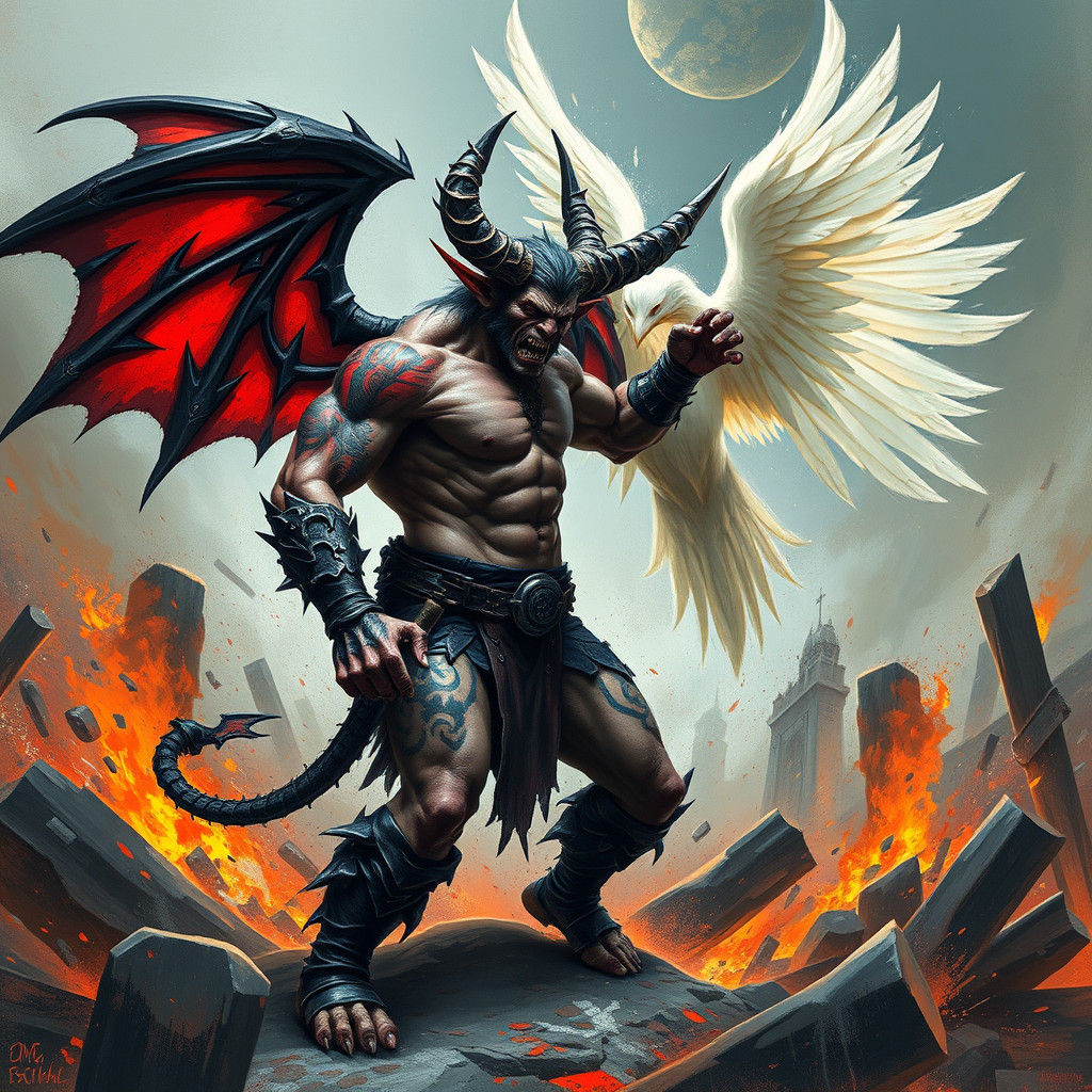 Orc Warrior Battles Angel in Fantasy Landscape