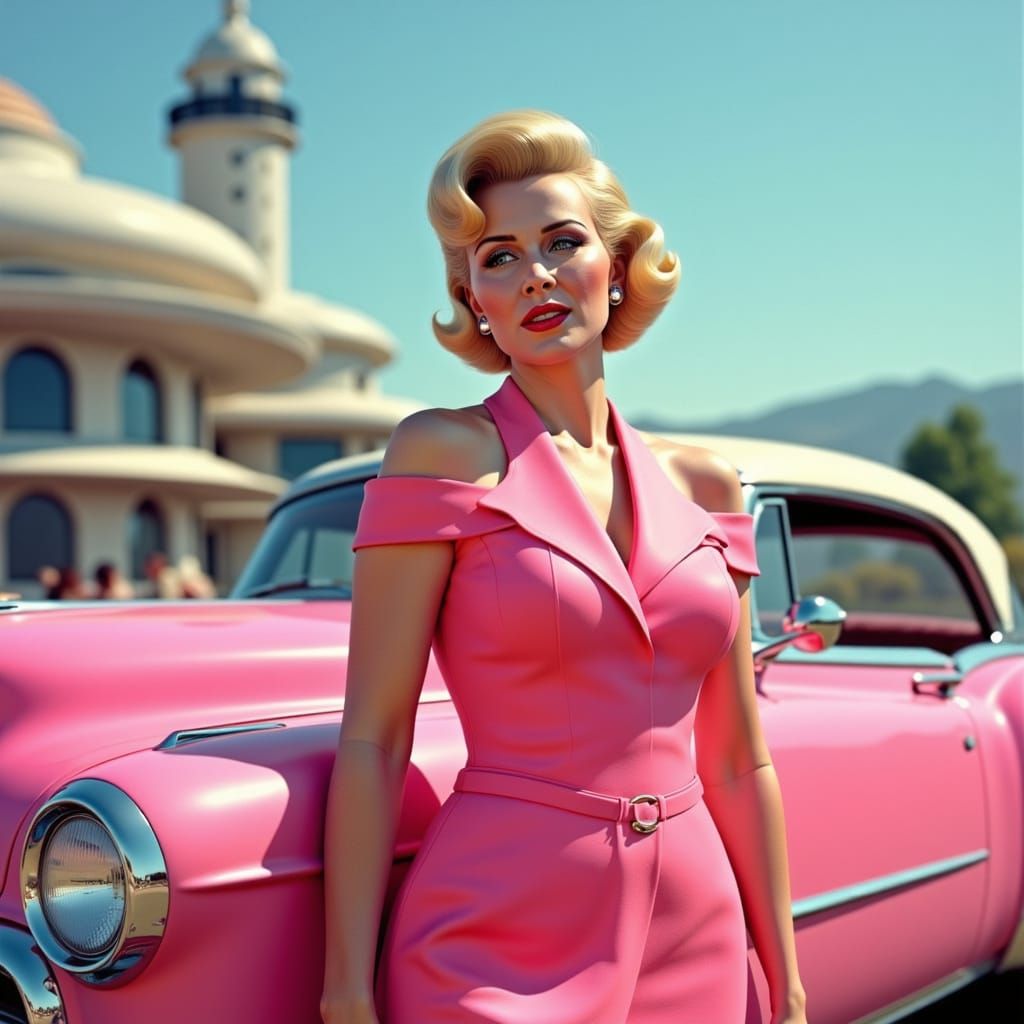 1950s Pin-Up Girl with Pink Cadillac in Retro-Futuristic Sty...