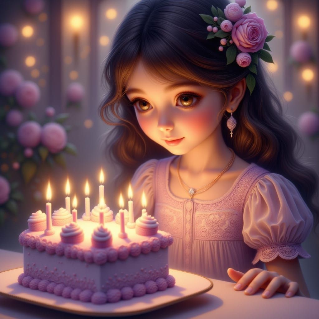 Excited Girl Sees Lavender Birthday Cake With 8 Candles