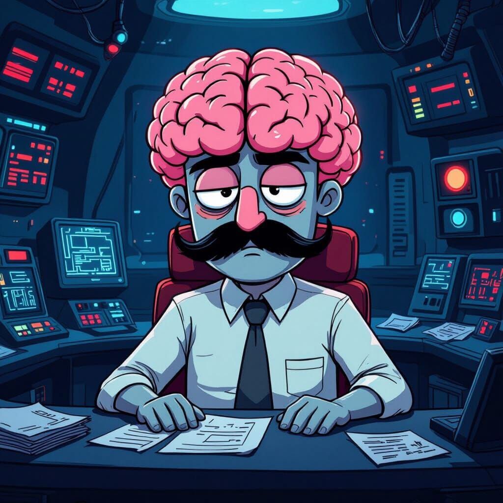 Cartoon Brain CEO in Retro-Futuristic Command Center