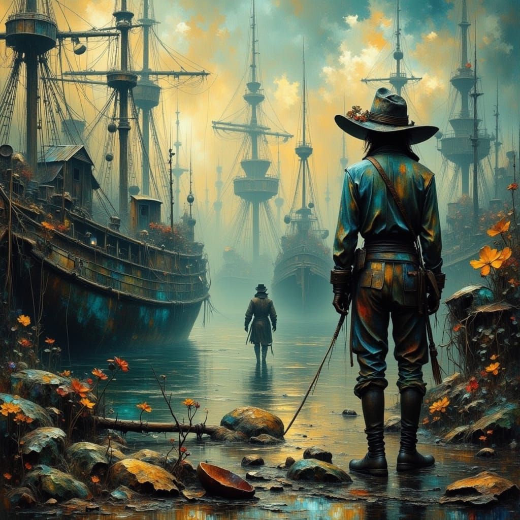 A tired sailor wanders at the edge of an unquiet harbor, sur...