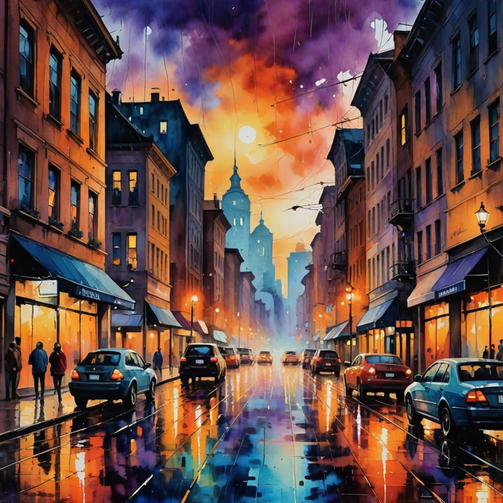 Cityscape at Dusk in Expressive Watercolor Style