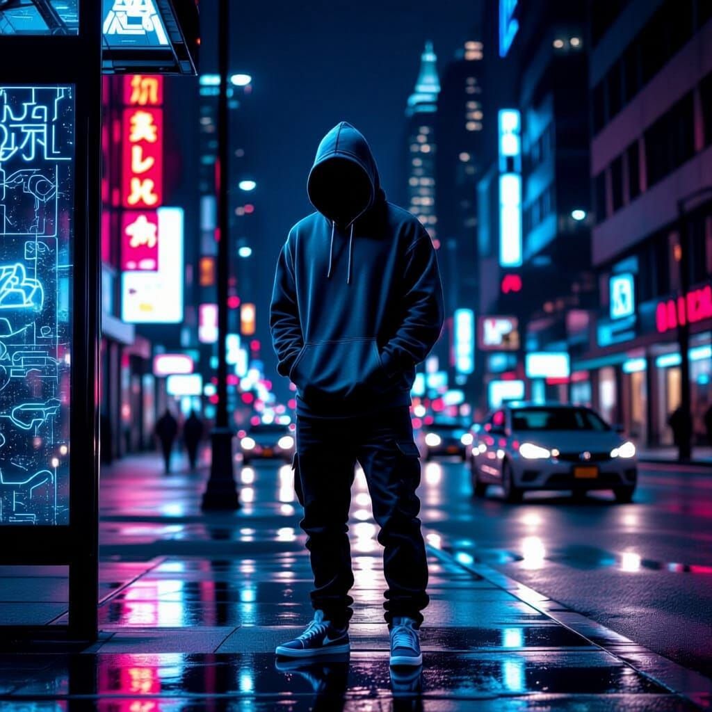 Shadowy Hooded Rapper on Neon City Street