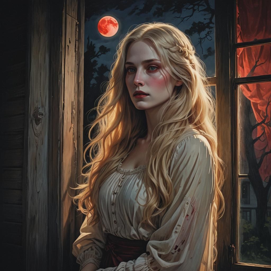 Ethereal Woman in Old House Bathed in Crimson Moonlight