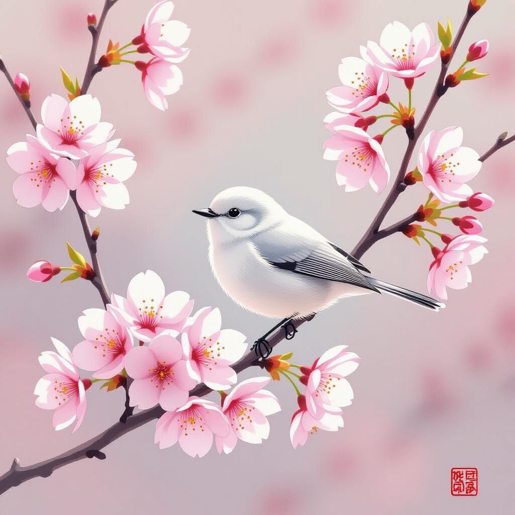 Shima Enaga Bird on Cherry Blossom Branch