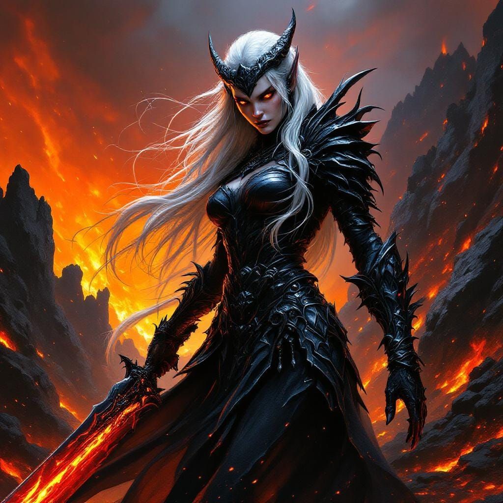 Dark Elf Warrior in Volcanic Landscape, Fantasy Art