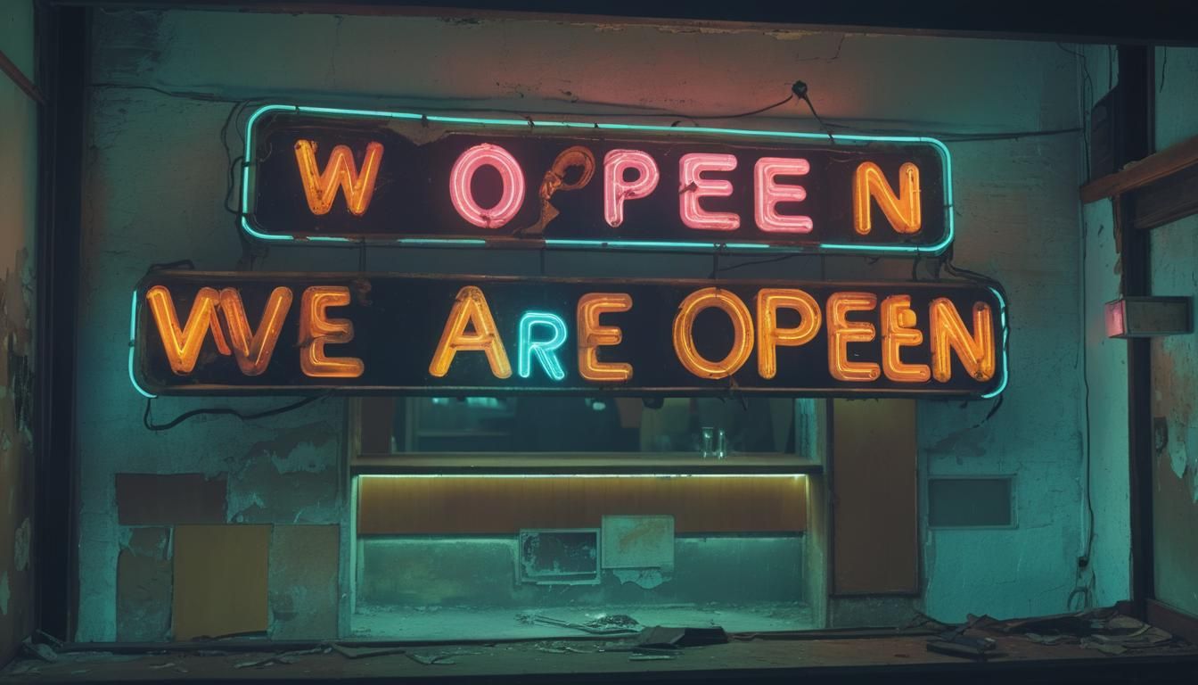 Retro-Futuristic Neon Bar Sign: We Are Open