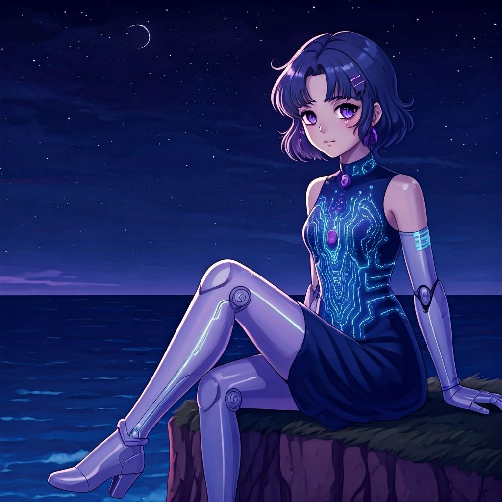 Anime Girl with Cybernetic Dress Overlooking Ocean