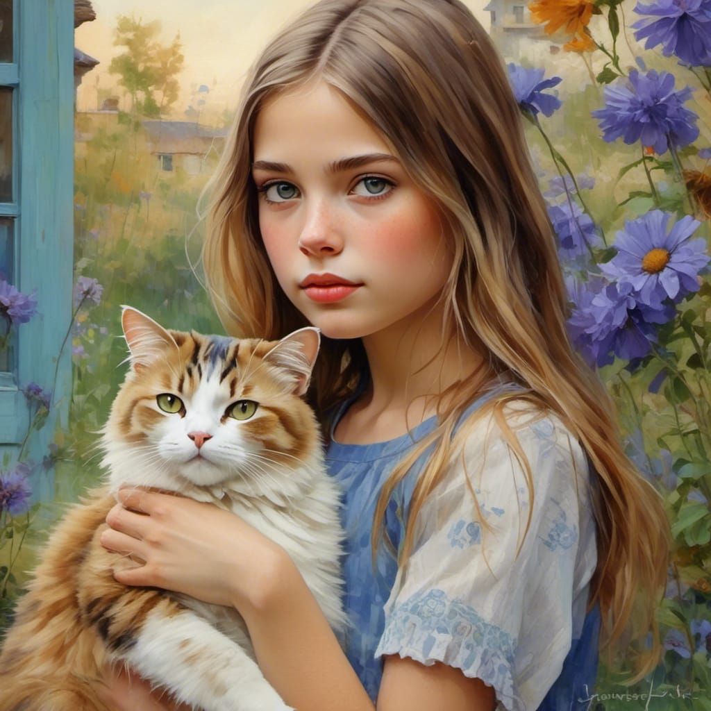 Girl with Cat Portrait in Lommers Style