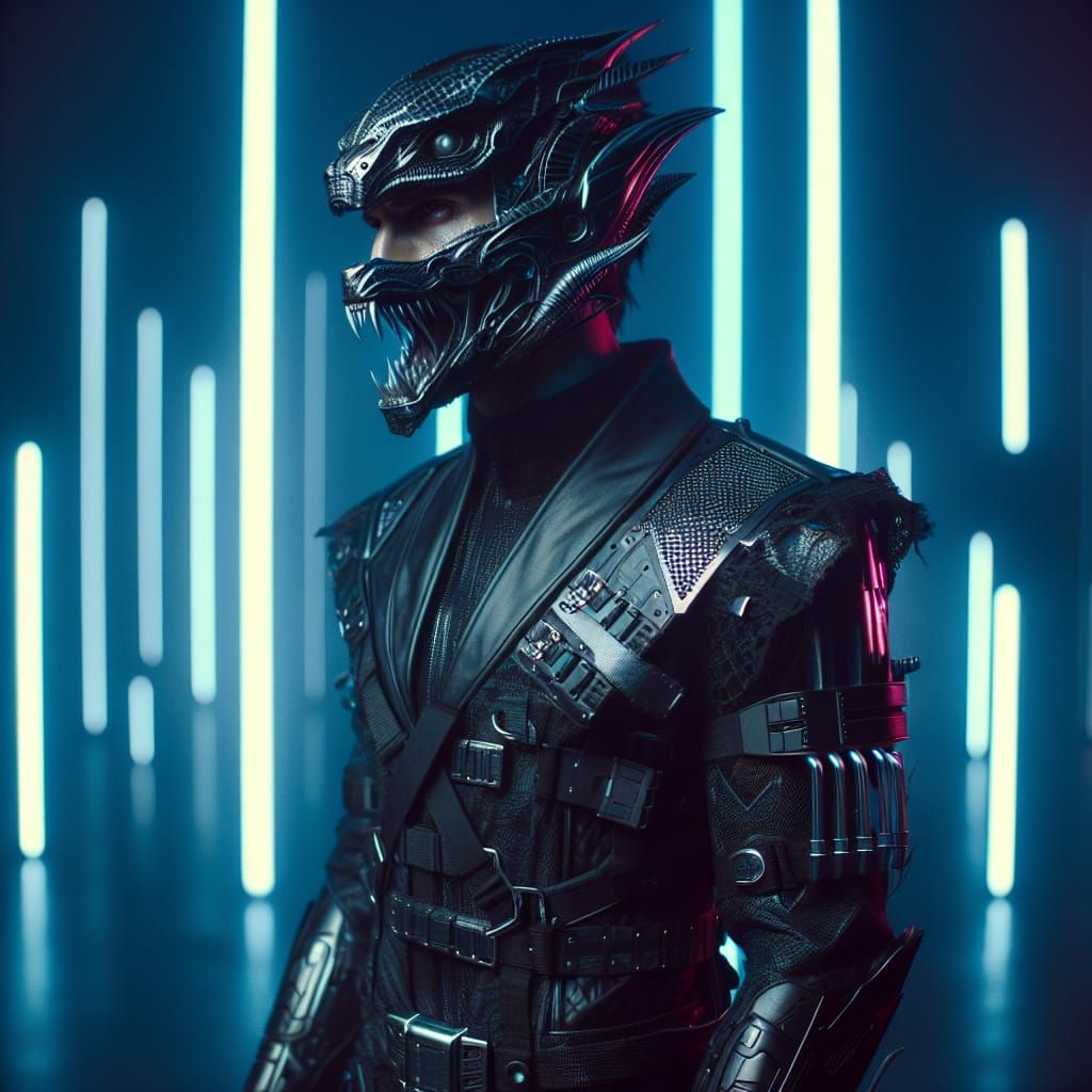 Cyberpunk Dystopian Warrior in Neon Lit Night City