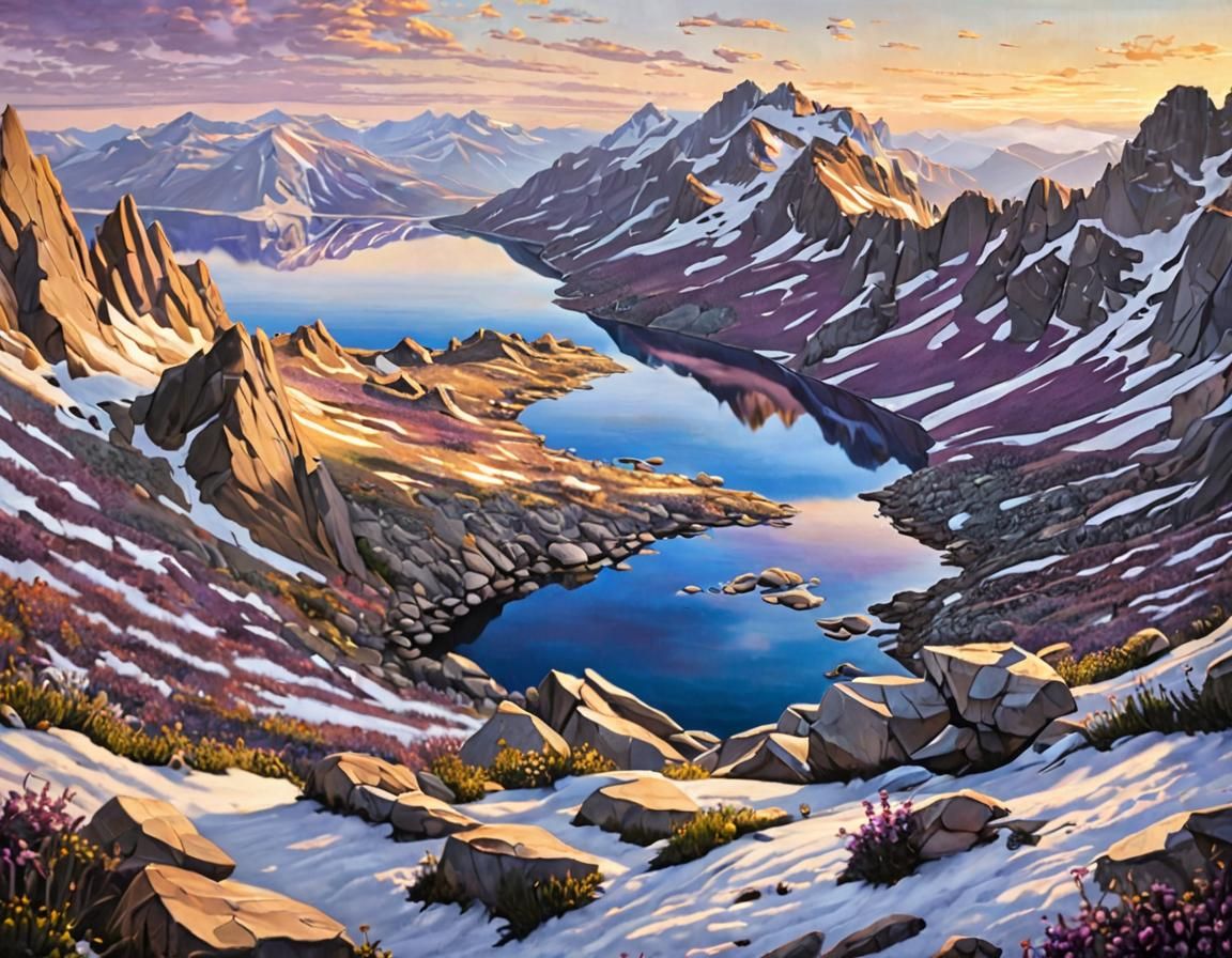 Alpine Lake Oil Painting at Sunrise
