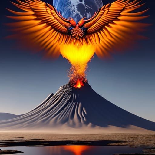 Phoenix Rising from Volcano: Hyperrealistic 3D Rendering