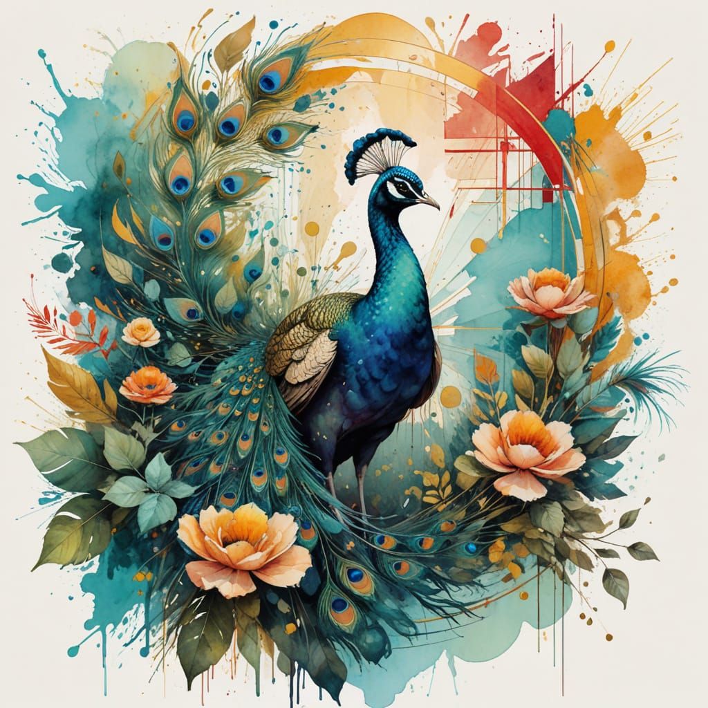 Urban Oasis with Vibrant Peacock in Harmony