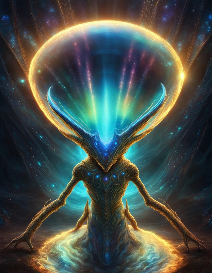 Holographic Bioluminescent Space Alien in Jeweled Stars