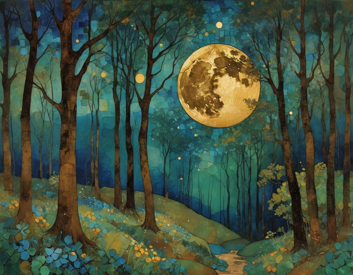 Full Moon in Forest: Cubist Impasto Alcohol Ink