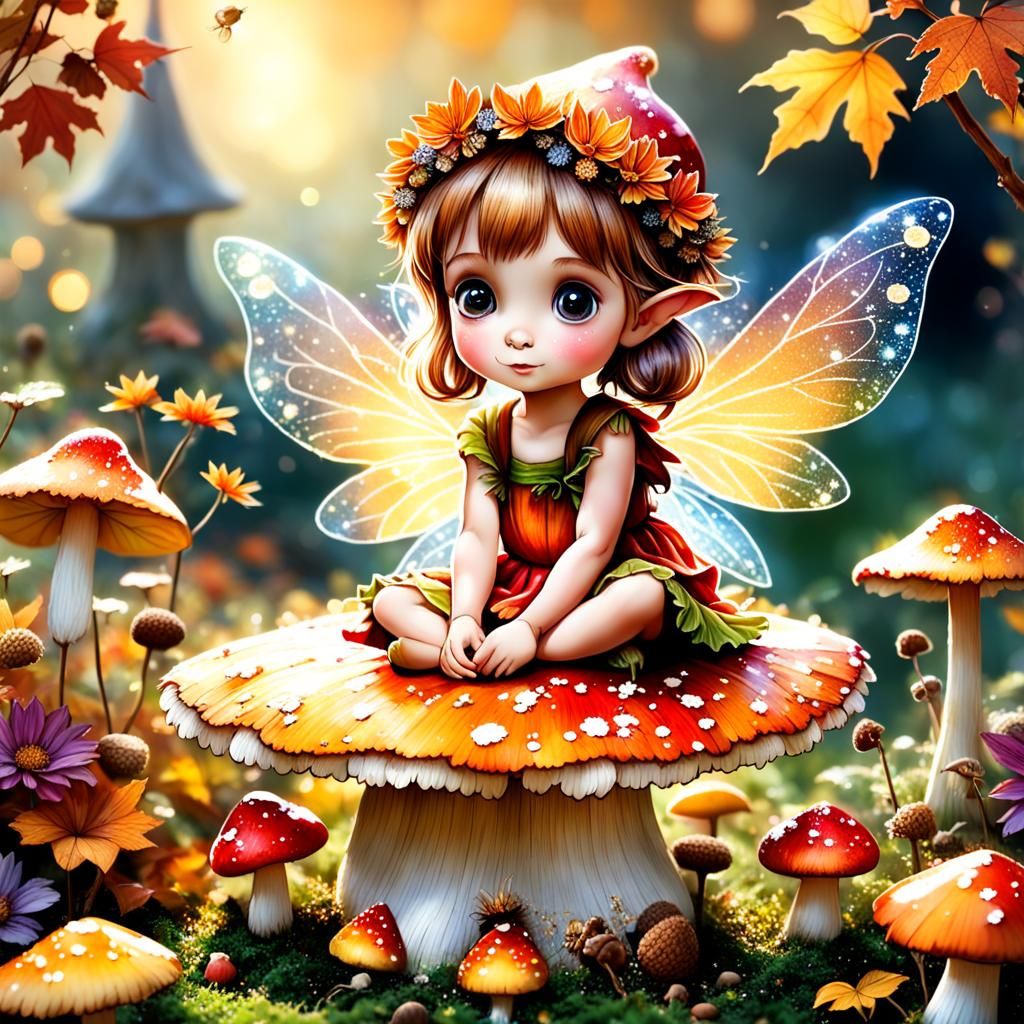 Adorable Autumn Fairy on Toadstool in Enchanted Garden