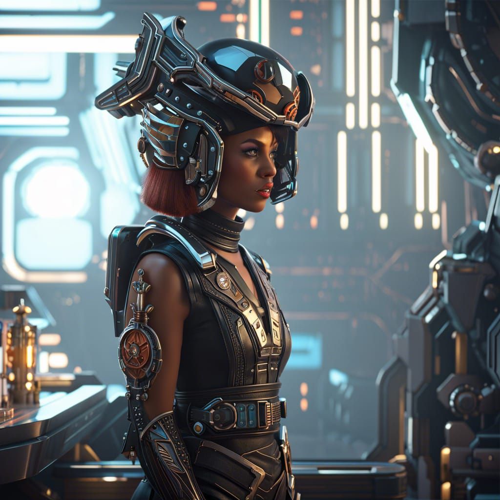 Dieselpunk Space Pirate in Space Station Bar