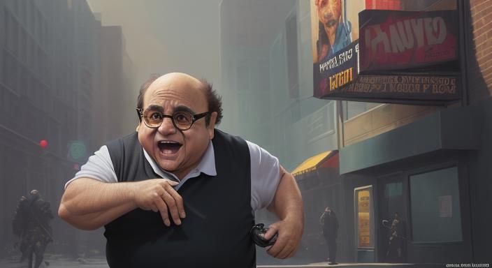 Hyperrealistic Danny DeVito Bank Robbery Splash Art