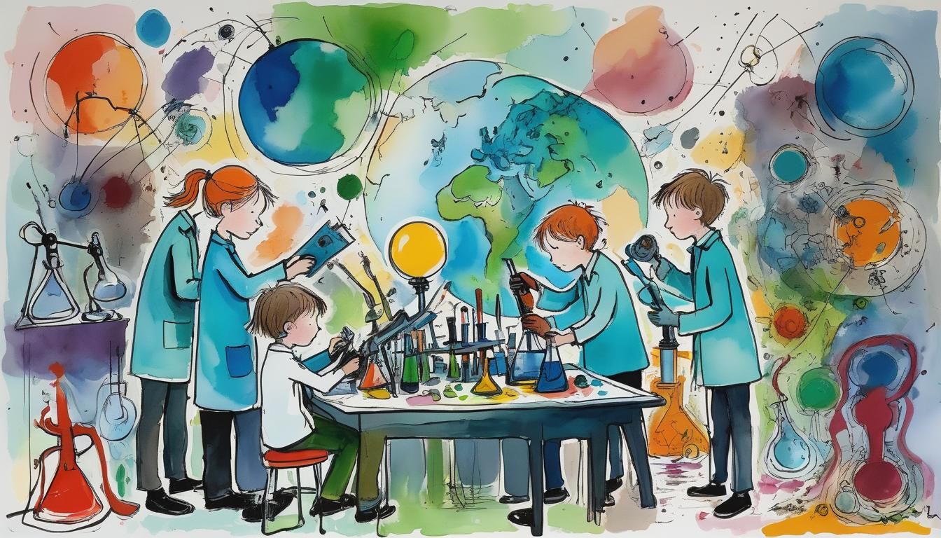 Kids' Environmental Project in Lab, Abstract Art Style