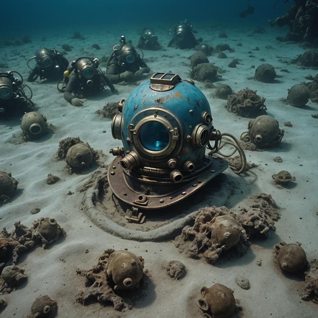 Haunting image of an old diver's helmet on the seafloor