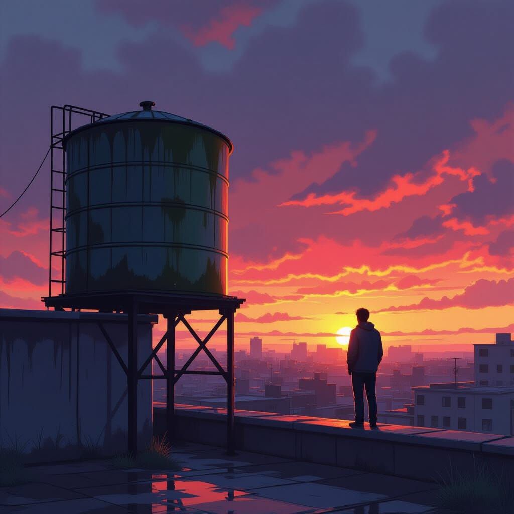Rooftop Water Tank Neglect at Sunset