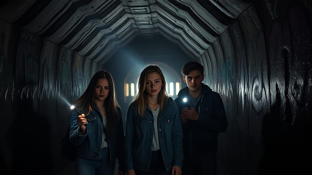 Teenagers Enter Black Hollow Tunnel in Ominous Atmosphere