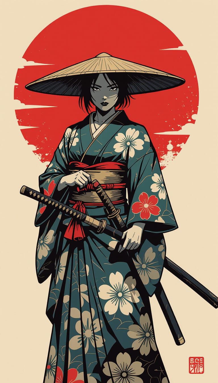 Gritty Digital Art of Japanese Female Samurai Warrior