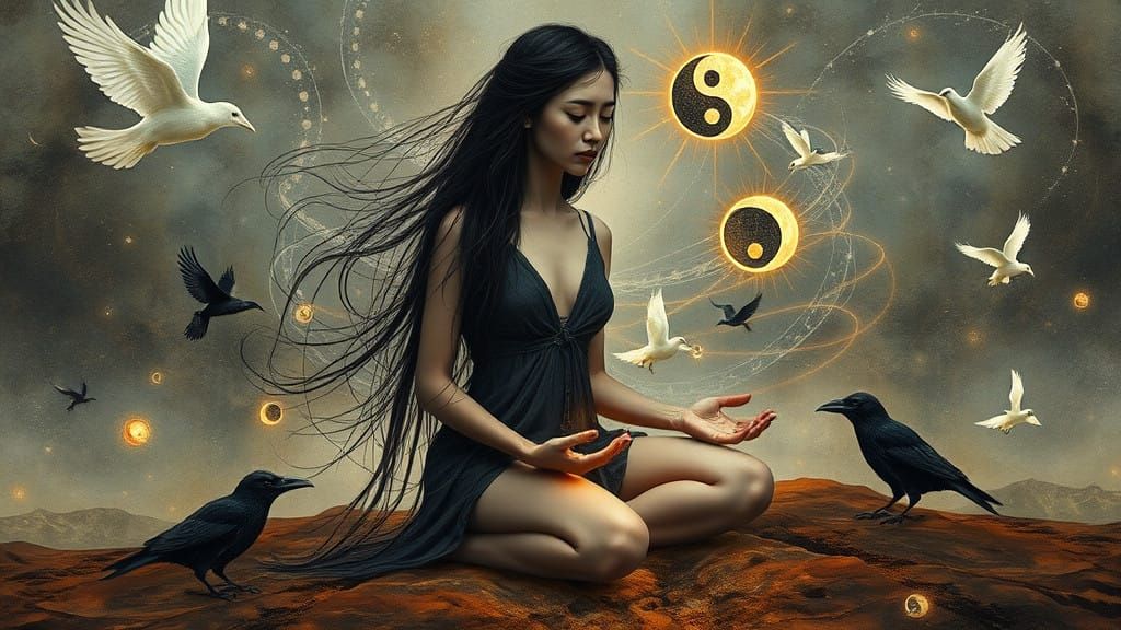 Woman Gathering Yin and Yang Shards in a Dreamlike Landscape