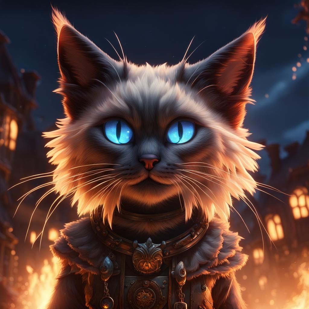 Burning Ragdoll Cat in Anime Style at Night