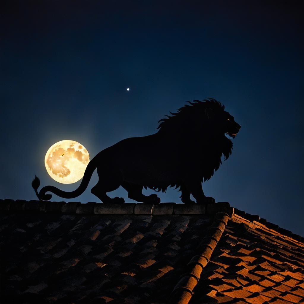 Lion Silhouette on Roof in Chiaroscuro Style