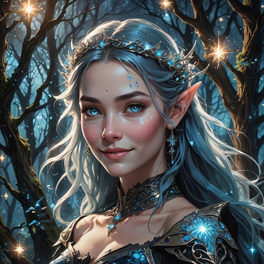 Goth Elf Portrait Under Starry Bioluminescent Sky
