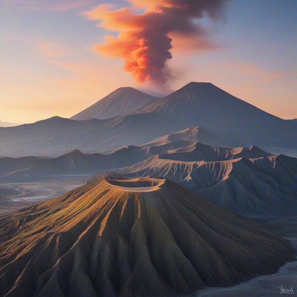 Vibrant Oil Painting of Mount Bromo Eruption