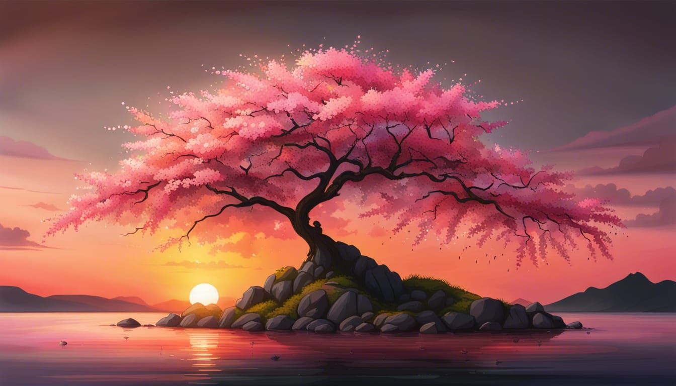 Cherry Blossom Sunset: Island Tree in Bloom