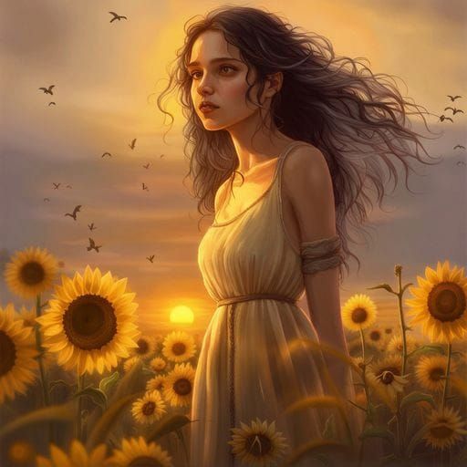 Girl with Sunflower Petals and Golden Smile