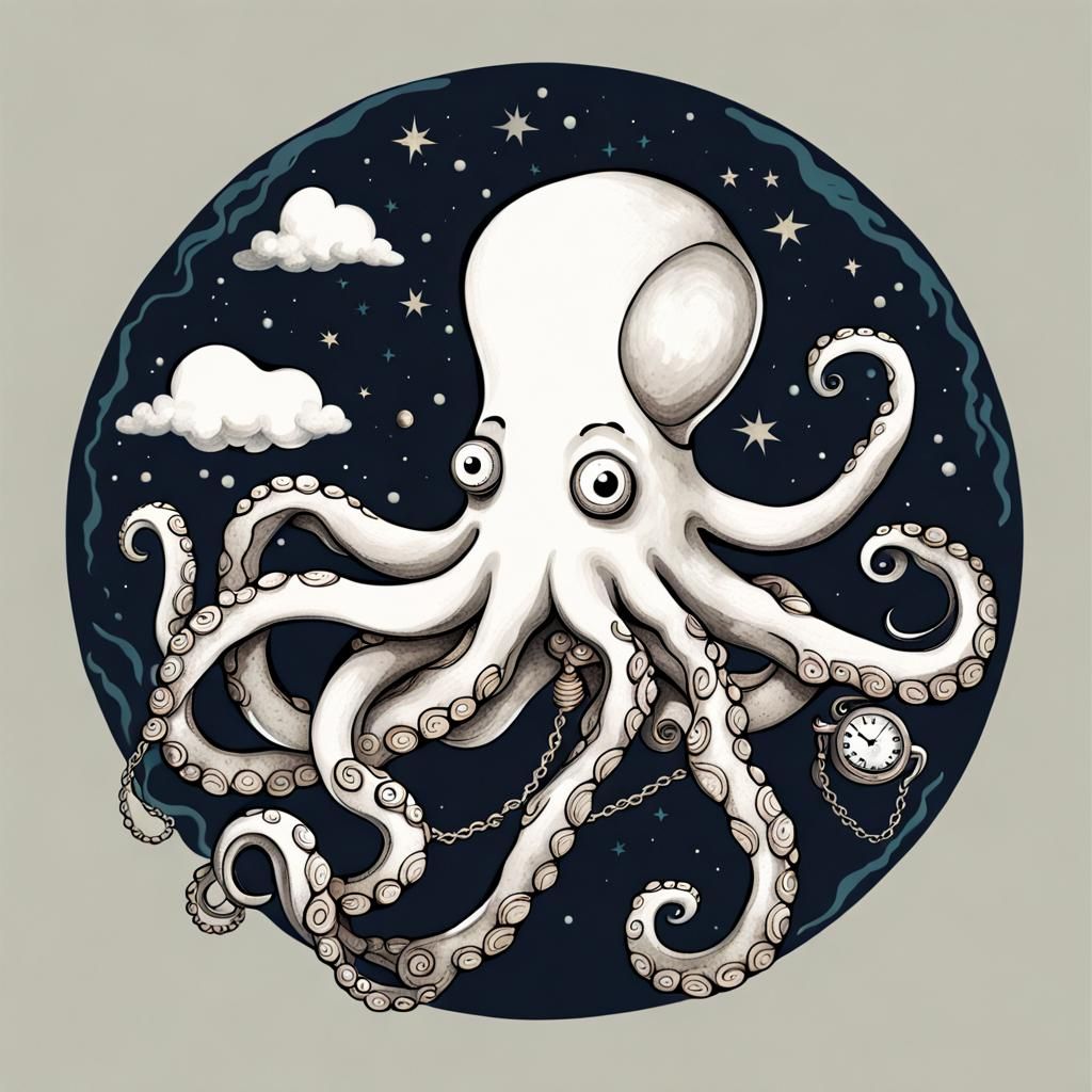 Octopus and Cloud Pocket Watch in Night Sky
